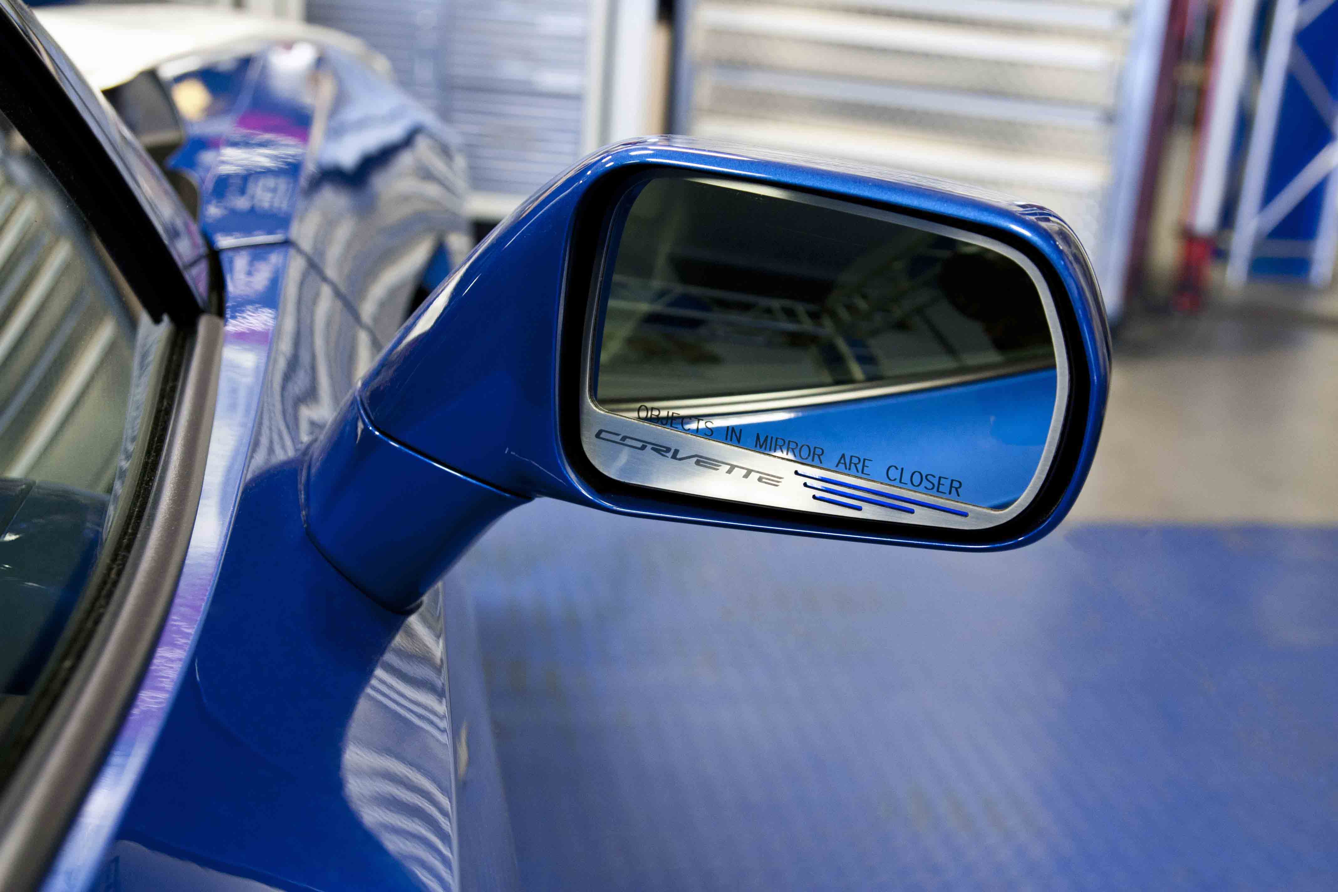 2014-2019 C7 Chevrolet, Side View Mirror Trim, American Car Craft RED 2pc  Corvette Script Auto Dim Carbon Fib